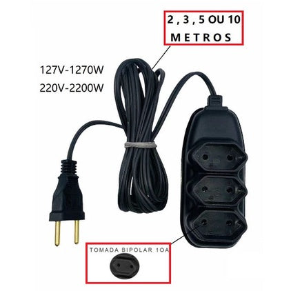 Extensão Elétrica 3 Tomadas 10A Bivolt - Cabo 2m, 3m, 5m ou 10m - Preta