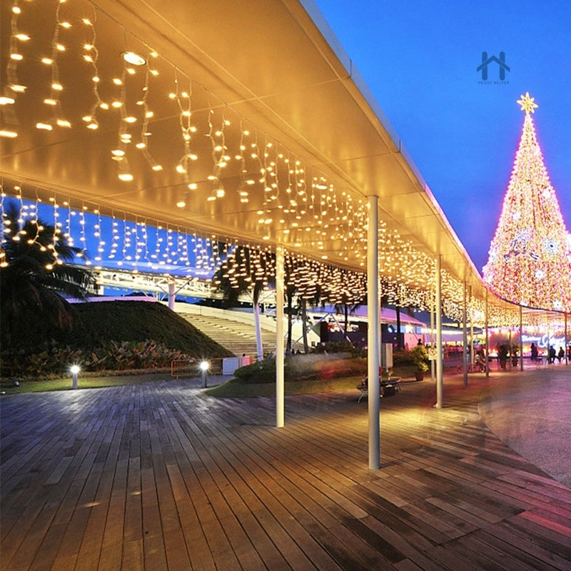 Cascata de Natal LED V8 100/200/400 – 8 Funções ou Fixo (Fio Branco)