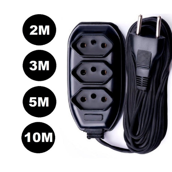 Extensão Elétrica 3 Tomadas 10A Bivolt - Cabo 2m, 3m, 5m ou 10m - Preta