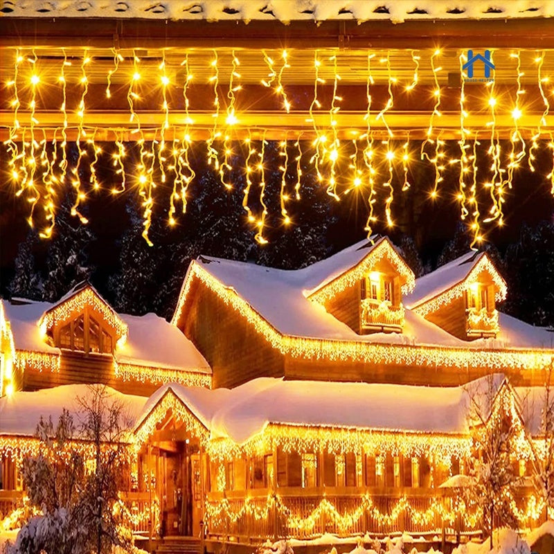 Cascata de Natal LED V8 100/200/400 – 8 Funções ou Fixo (Fio Branco)