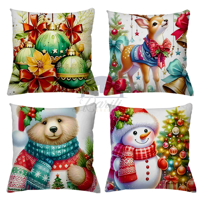 Kit 4 Capas de Almofadas Natalinas 45x45 (Papai Noel, Rena e Boneco de Neve)