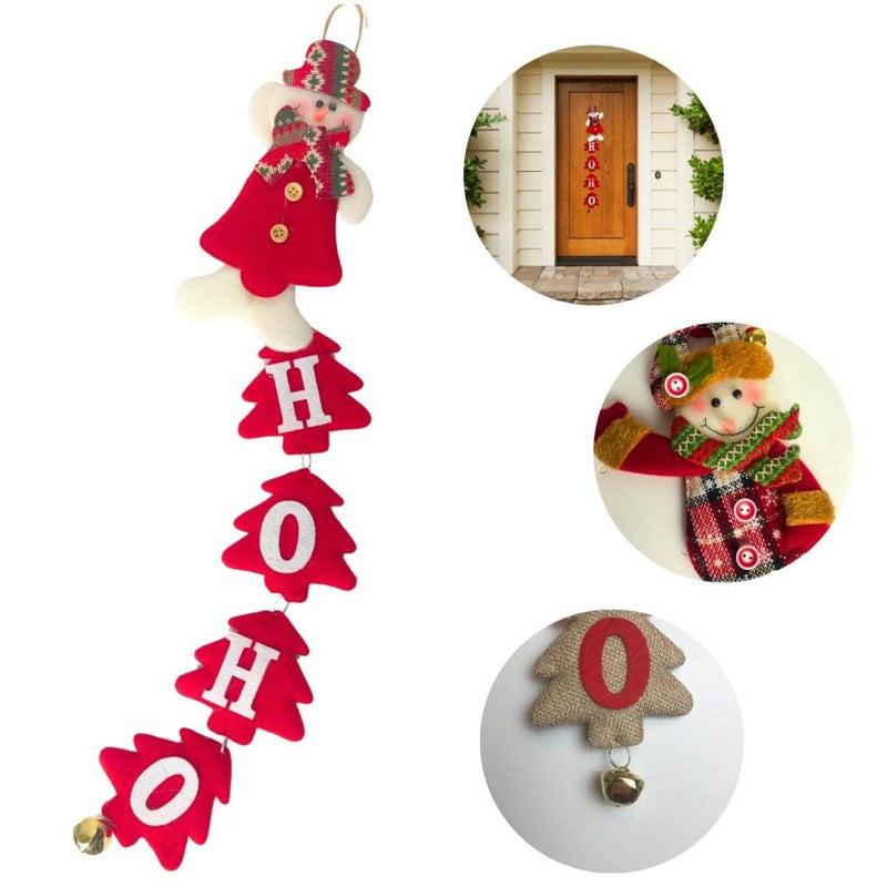 Guirlanda de Porta Natalina Ho Ho Ho com Guizo (Papai Noel ou Boneco de Neve)
