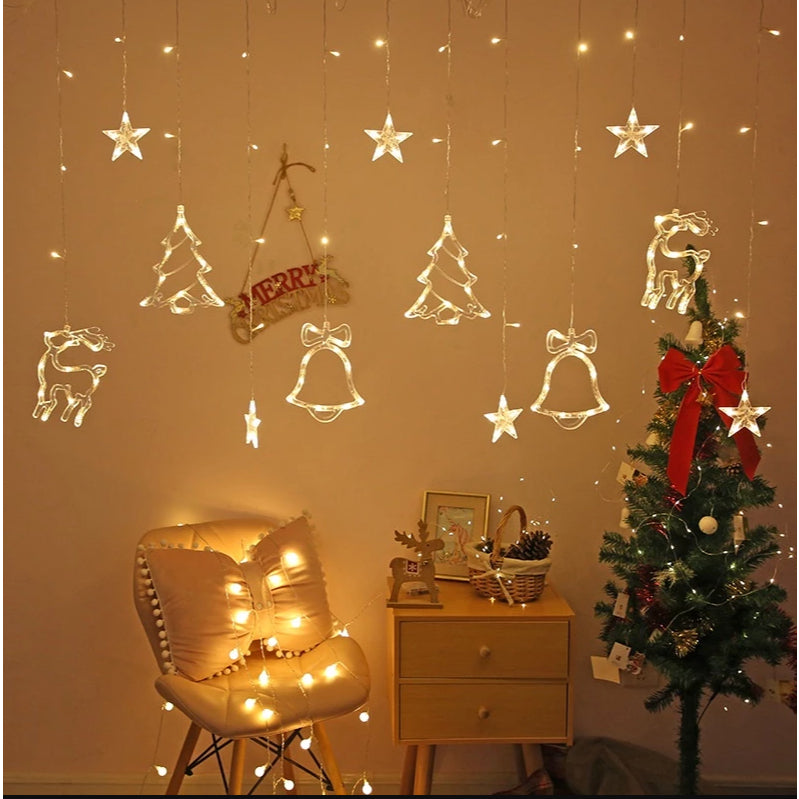 Cortina de Luz LED Natalina 138 LEDs – Renas, Estrelas e Árvores (Branco Quente)