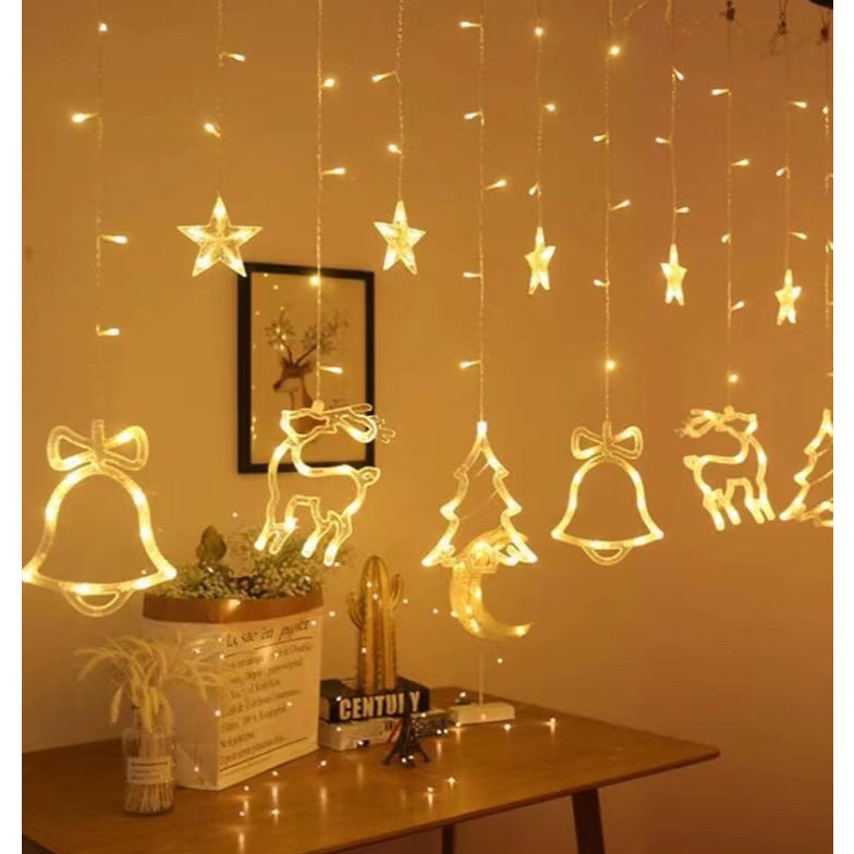 Cortina de Luz LED Natalina 138 LEDs – Renas, Estrelas e Árvores (Branco Quente)