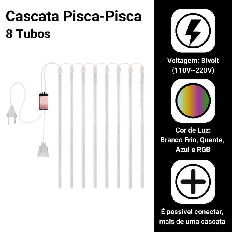 Kit 2 Cascatas LED Chuva de Meteoro 8 Tubos (IP65, Bivolt, Conectável)