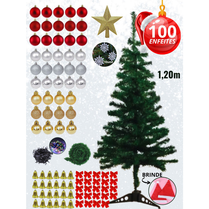 Kit Árvore de Natal 120cm Completo com 100 Enfeites + Pisca 110/220V