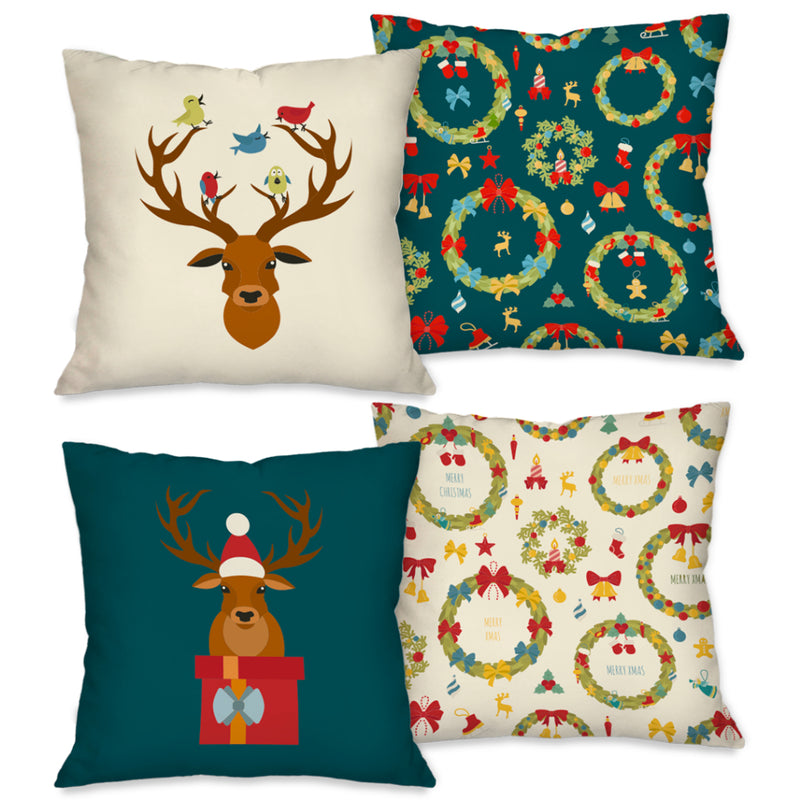 Kit 4 Capas de Almofada Natalinas 45x45 cm com Zíper Invisível e Estampas Exclusivas
