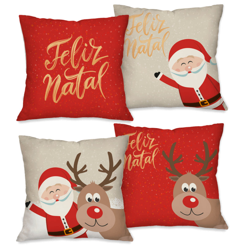 Kit 4 Capas de Almofada Natalinas 45x45 cm – Papai Noel, Mamãe Noel e Fé