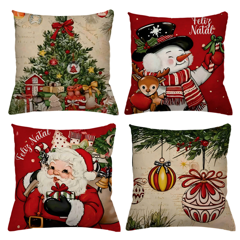 Kit 4 Capas de Almofadas Natalinas 45x45 (Papai Noel, Rena e Boneco de Neve)