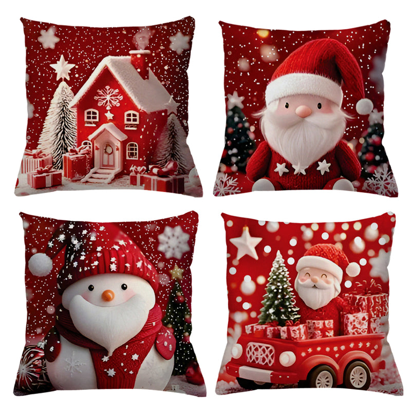 Kit 4 Capas de Almofadas Natalinas 45x45 (Papai Noel, Rena e Boneco de Neve)