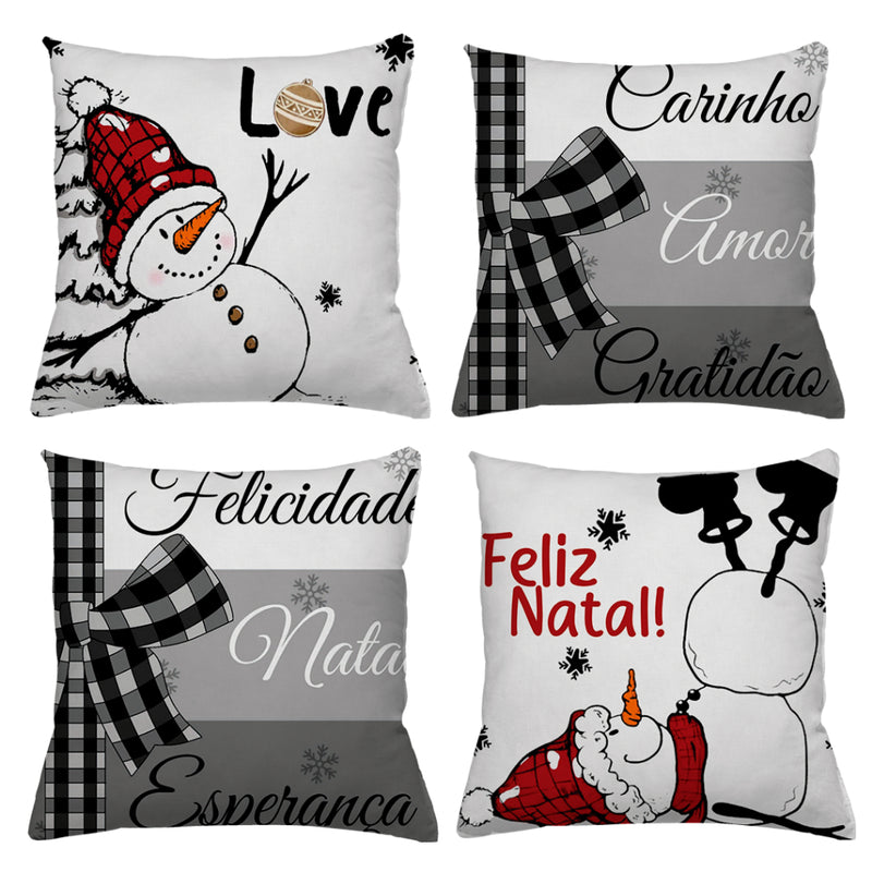 Kit 4 Capas de Almofadas Natalinas 45x45 (Papai Noel, Rena e Boneco de Neve)