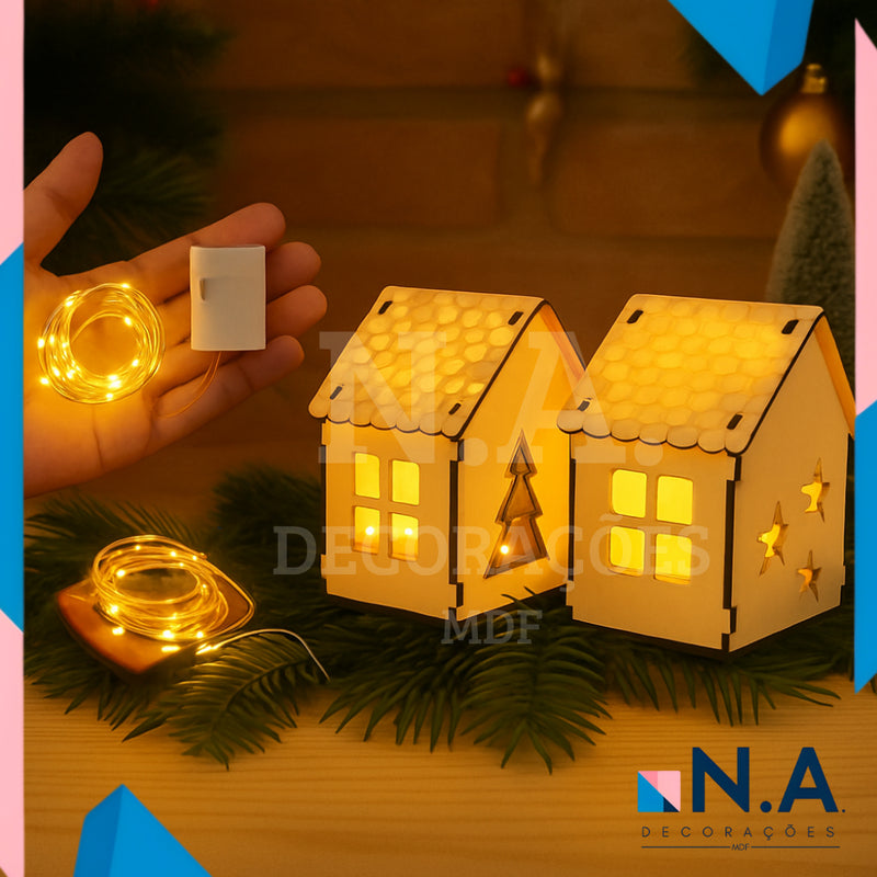 Trio de Casinhas Natalinas em MDF com Luz (LED ou Velas) – Branco ou Cru