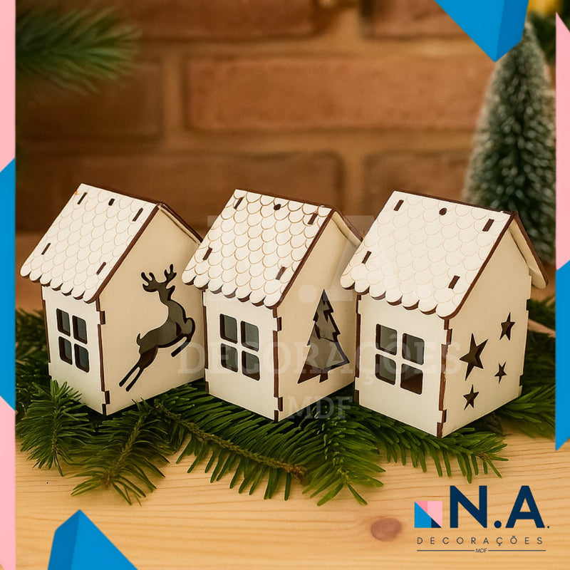 Trio de Casinhas Natalinas em MDF com Luz (LED ou Velas) – Branco ou Cru