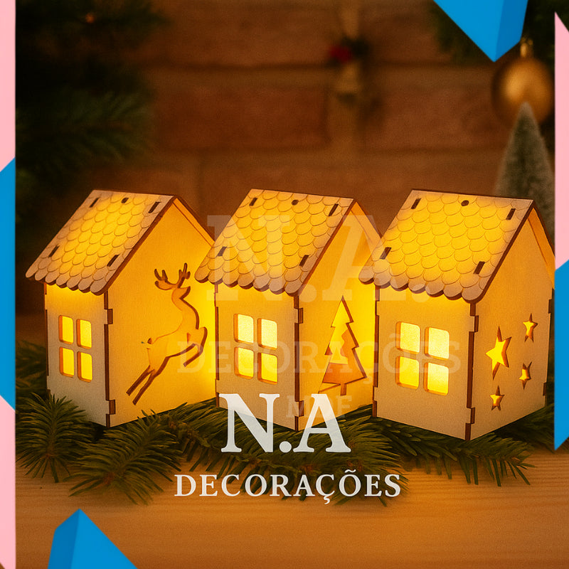 Trio de Casinhas Natalinas em MDF com Luz (LED ou Velas) – Branco ou Cru
