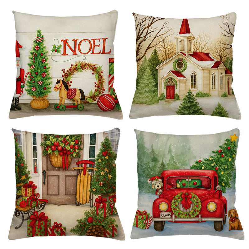 Kit 4 Capas de Almofadas Natalinas 45x45 (Papai Noel, Rena e Boneco de Neve)