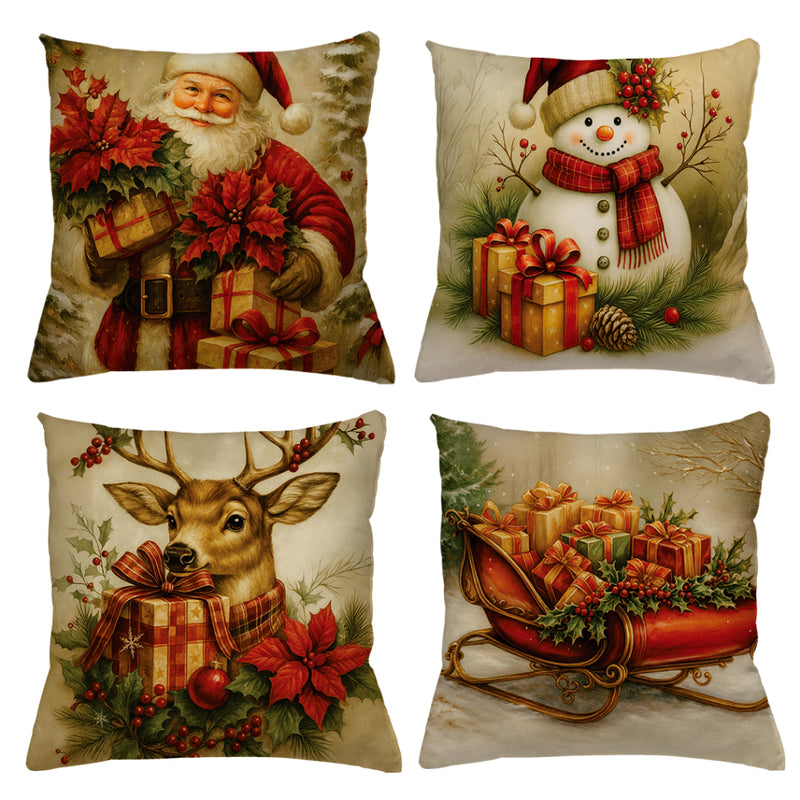 Kit 4 Capas de Almofadas Natalinas 45x45 (Papai Noel, Rena e Boneco de Neve)