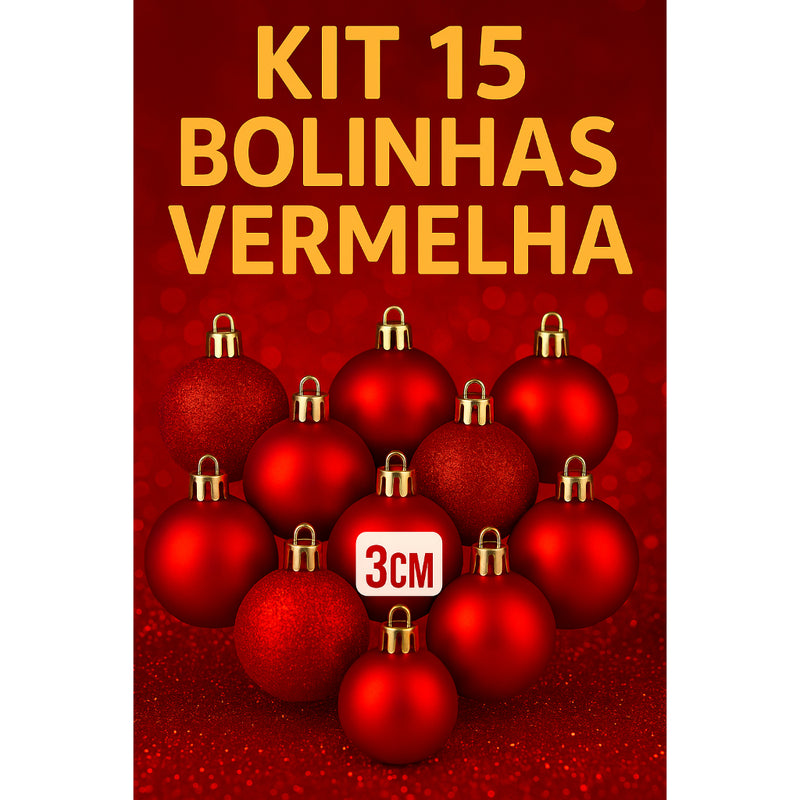 Kit 15 Bolinhas para Árvore de Natal 3cm – Vermelho & Dourado (Liso, Fosco e Glitter)