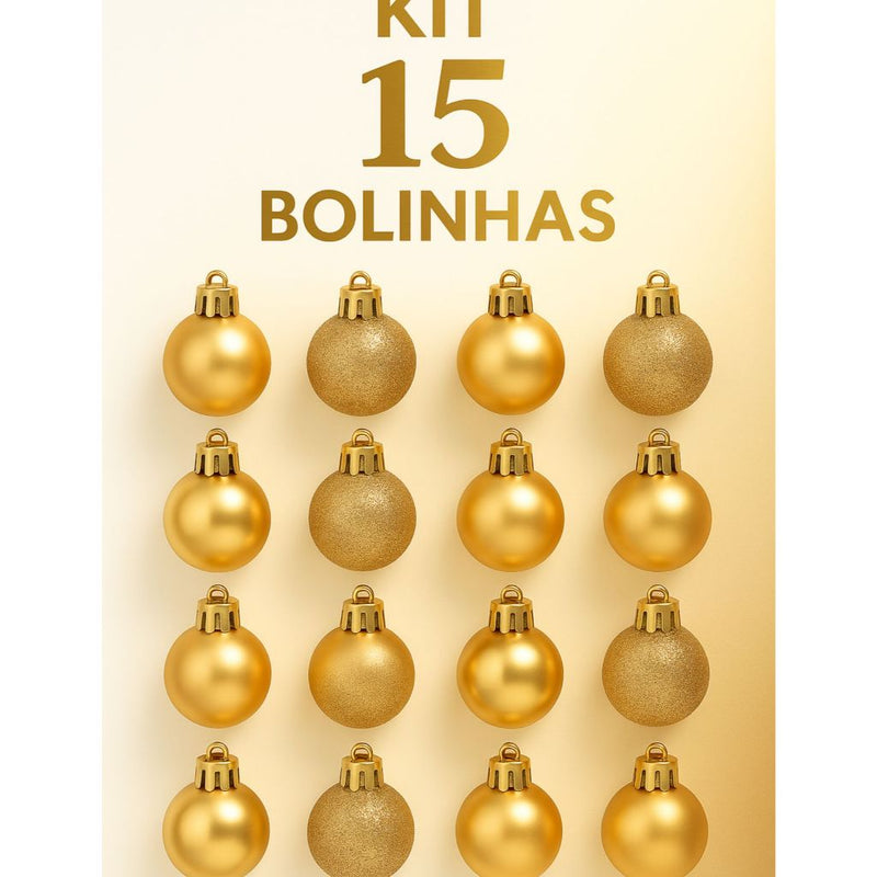 Kit 15 Bolinhas para Árvore de Natal 3cm – Vermelho & Dourado (Liso, Fosco e Glitter)