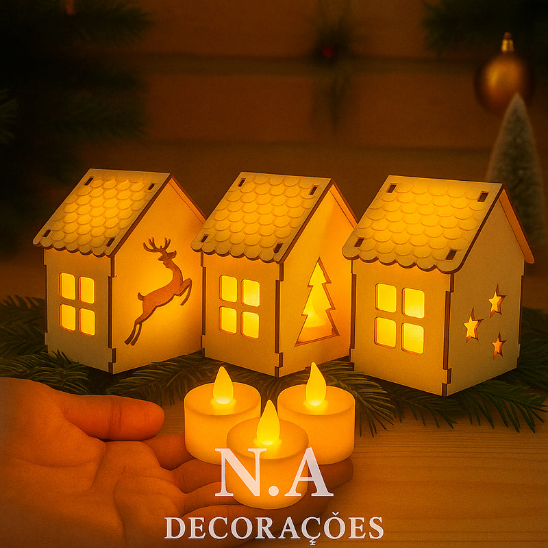 Trio de Casinhas Natalinas em MDF com Luz (LED ou Velas) – Branco ou Cru