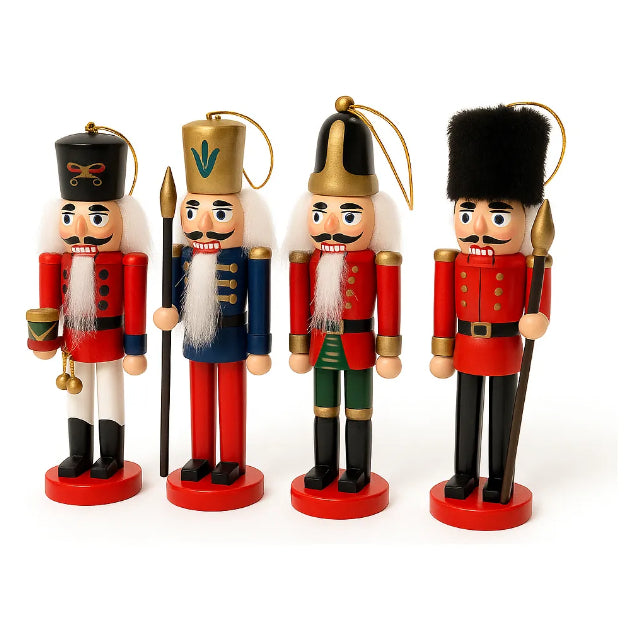 Kit 4 Bonecos Quebra‑Nozes de Madeira para Decoração de Natal (14 cm)