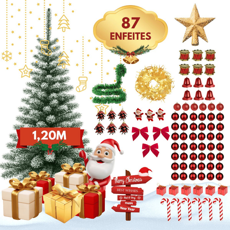 Árvore de Natal 120cm Decorada Verde ou Nevada com 87 Enfeites e 100 Galhos