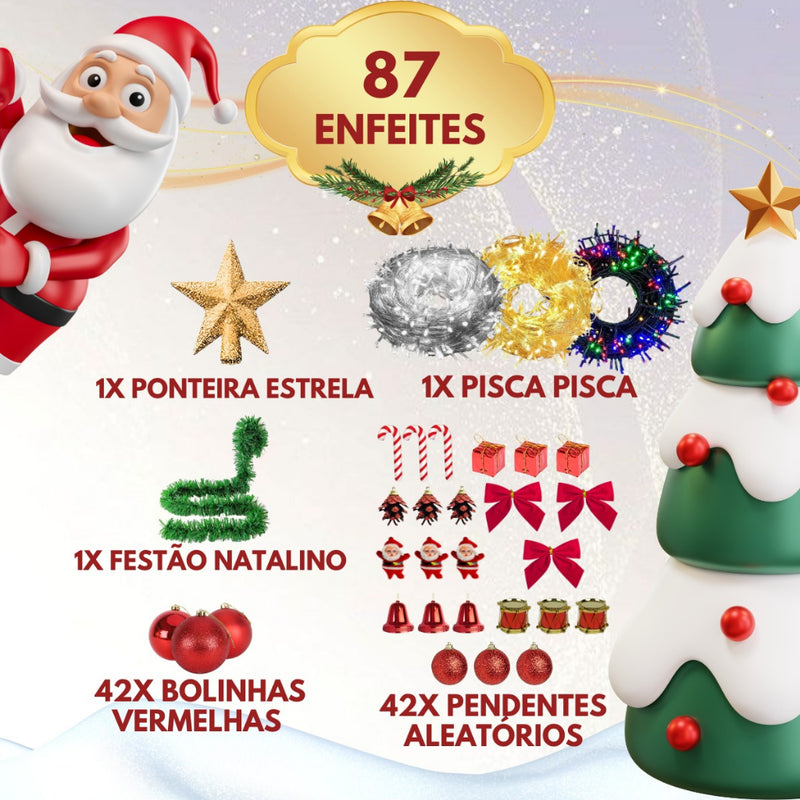 Árvore de Natal 120cm Decorada Verde ou Nevada com 87 Enfeites e 100 Galhos