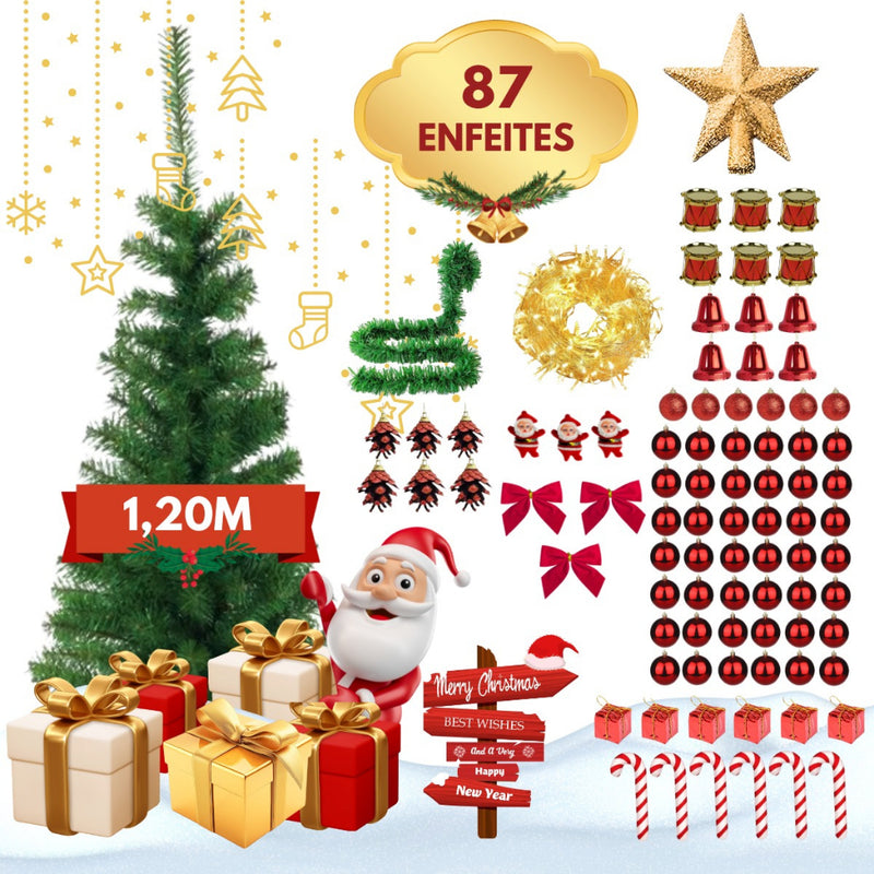 Árvore de Natal 120cm Decorada Verde ou Nevada com 87 Enfeites e 100 Galhos