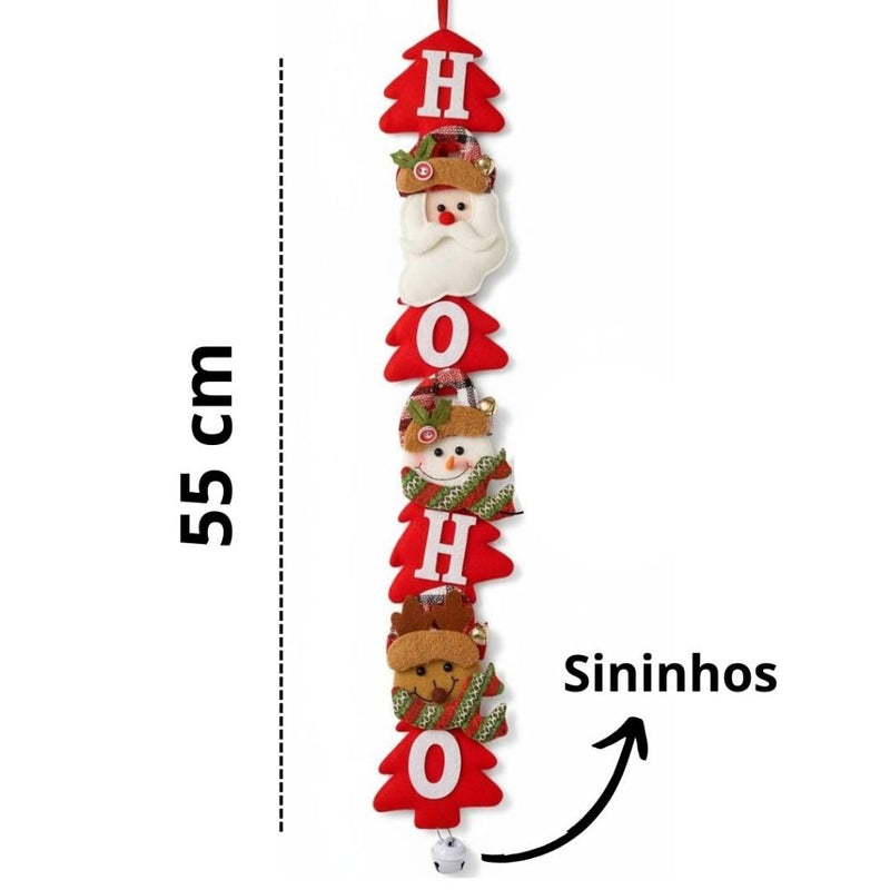 Decoração de Porta Natalina HO HO 55cm com Sininhos (Papai Noel/Neve/Rena)