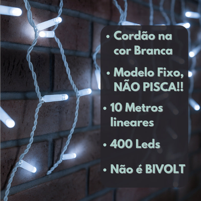 Cascata de Luz 400 LEDs 10m – Branco Quente + Branco Frio (Fixa) Bivolt