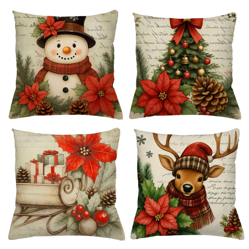 Kit 4 Capas de Almofadas Natalinas 45x45 (Papai Noel, Rena e Boneco de Neve)