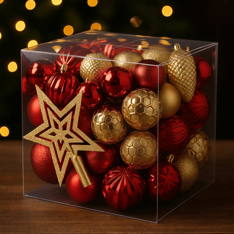 Kit 45 Enfeites de Natal com Estrela Ponteira (Dourado/Vermelho ou Champanhe/Prata)