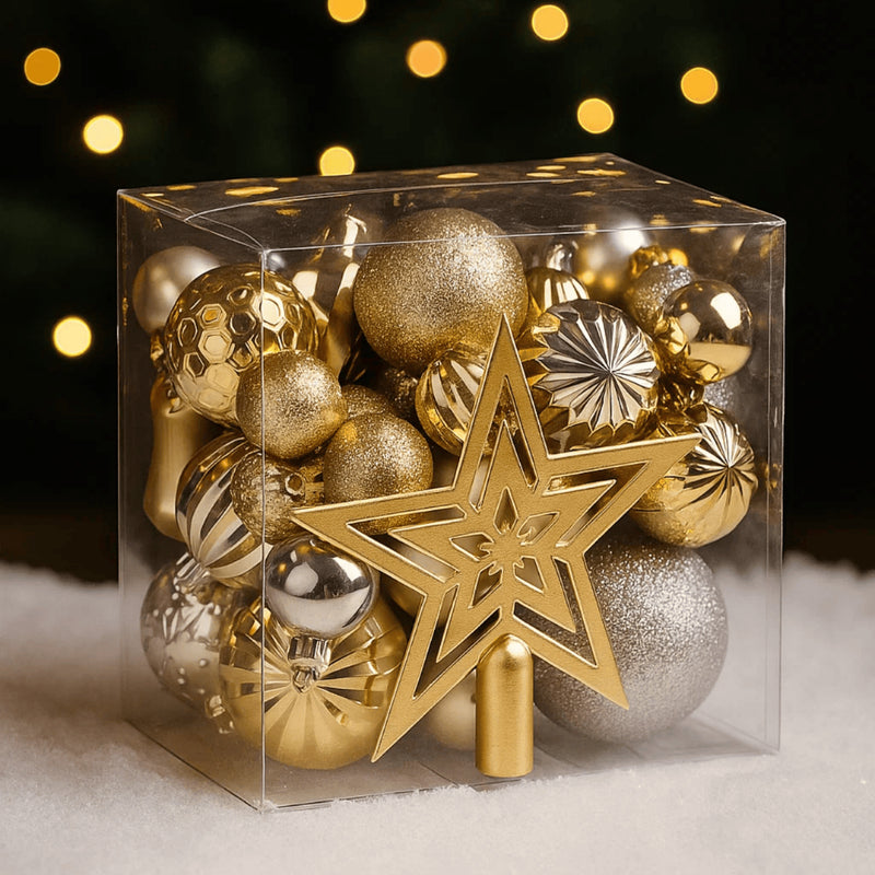 Kit 45 Enfeites de Natal com Estrela Ponteira (Dourado/Vermelho ou Champanhe/Prata)