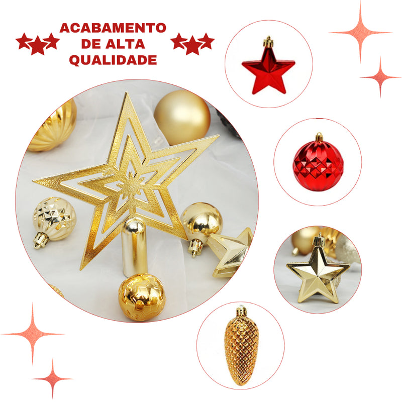 Kit 45 Enfeites de Natal com Estrela Ponteira (Dourado/Vermelho ou Champanhe/Prata)