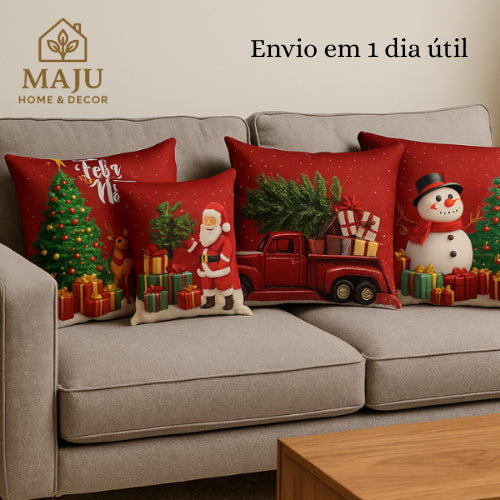 Kit 4 Capas de Almofada Natalinas 45x45cm em Microfibra com Zíper