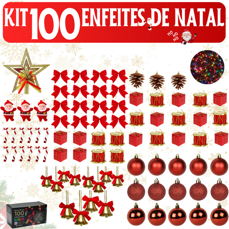Kit de Enfeites para Árvore de Natal – 55, 75, 100 ou 125 peças (pisca 9,5 m nos 75/100/125)