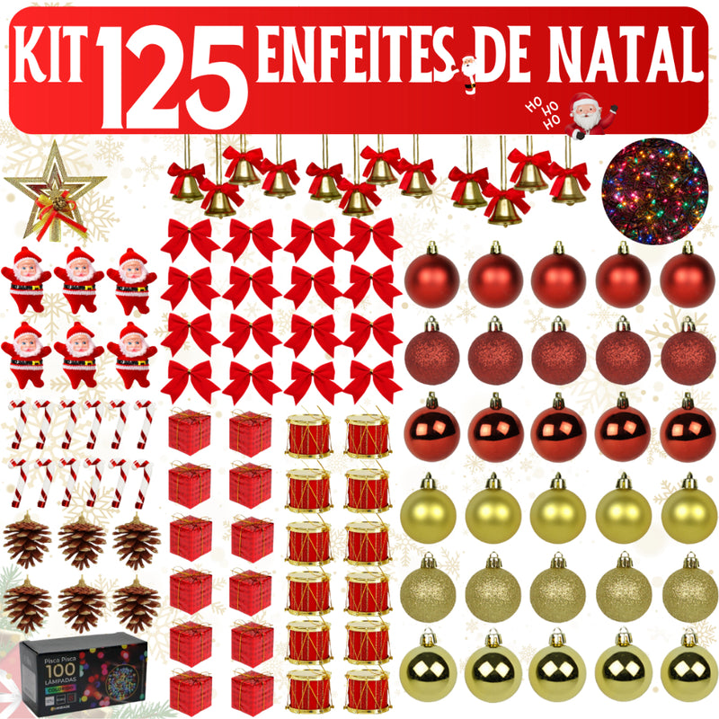 Kit de Enfeites para Árvore de Natal – 55, 75, 100 ou 125 peças (pisca 9,5 m nos 75/100/125)