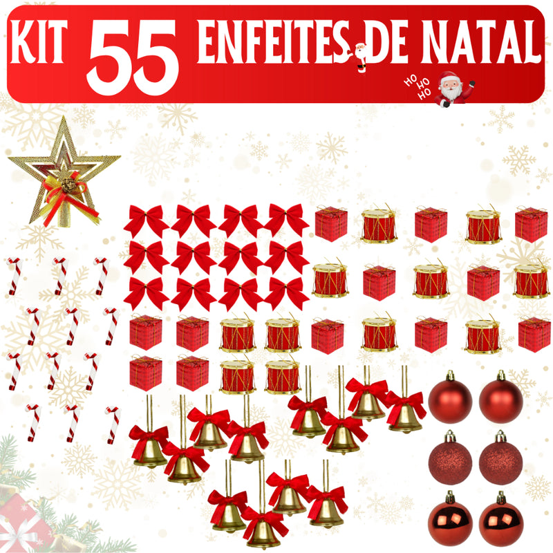 Kit de Enfeites para Árvore de Natal – 55, 75, 100 ou 125 peças (pisca 9,5 m nos 75/100/125)