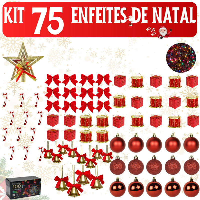 Kit de Enfeites para Árvore de Natal – 55, 75, 100 ou 125 peças (pisca 9,5 m nos 75/100/125)
