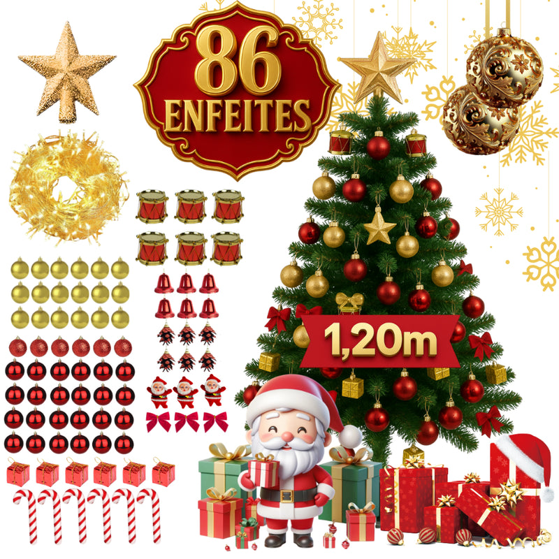 Árvore de Natal 1,20m Completa com 86 Enfeites + Pisca 9m (127V)