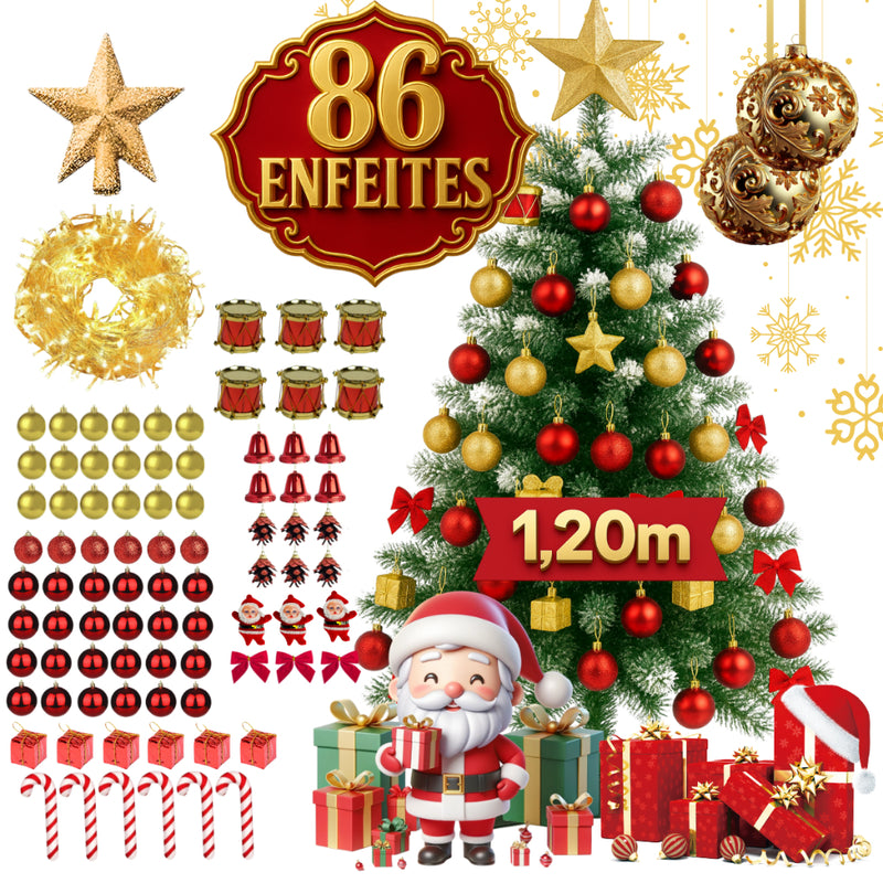 Árvore de Natal 1,20m Completa com 86 Enfeites + Pisca 9m (127V)