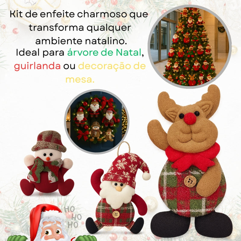 Kit 12 Enfeites de Natal em Pelúcia Sortidos Premium