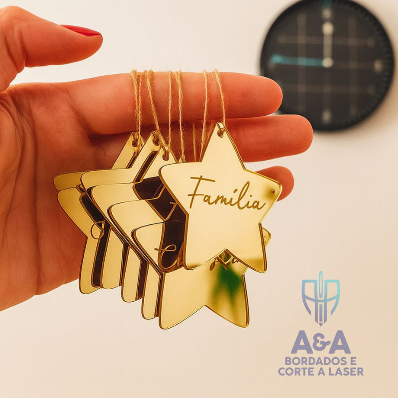 Kit 8 Estrelas de Natal em Acrílico Espelhado com Palavras – 6 cm