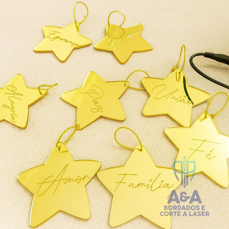Kit 8 Estrelas de Natal em Acrílico Espelhado com Palavras – 6 cm