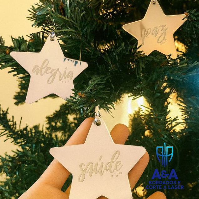 Kit 8 Estrelas de Natal em Acrílico Espelhado com Palavras – 6 cm