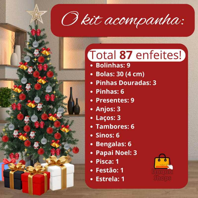 Árvore de Natal Completa com 87 Enfeites e Pisca-Pisca LED