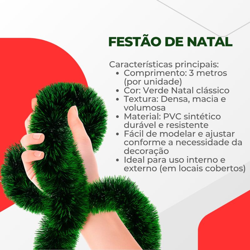 Kit 10 Festões Verdes Natalinos 3m x 11cm (30m Total) - Envio Imediato