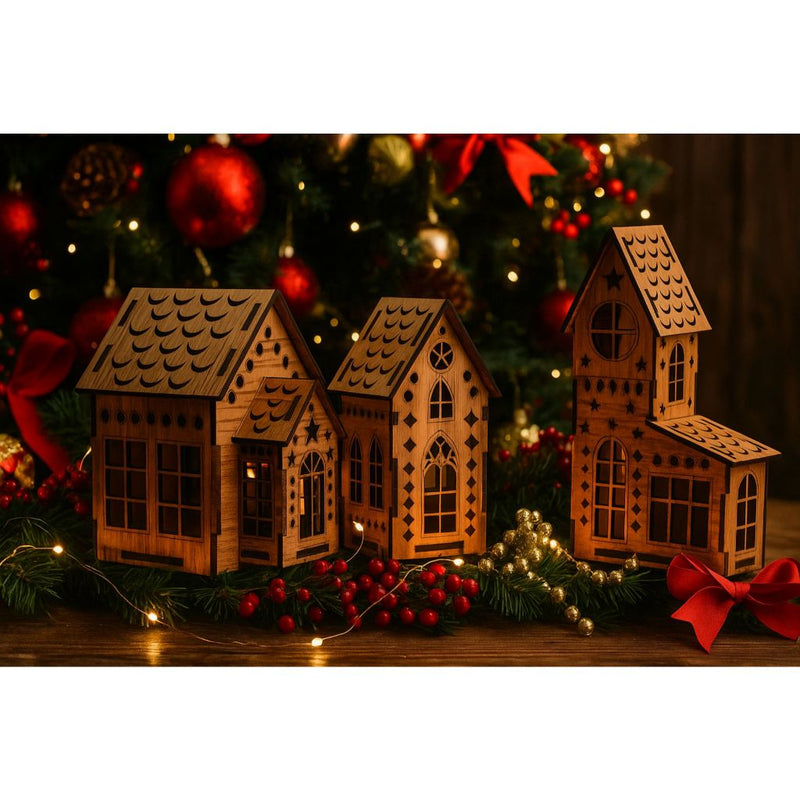 Trio de Casinhas Decorativas em MDF 3mm para Montar – Natal (15 cm)