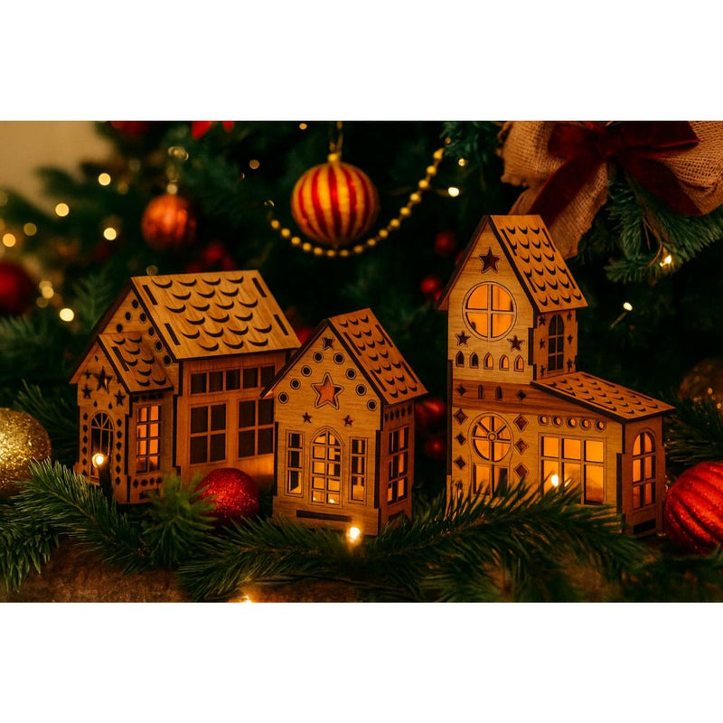 Trio de Casinhas Decorativas em MDF 3mm para Montar – Natal (15 cm)