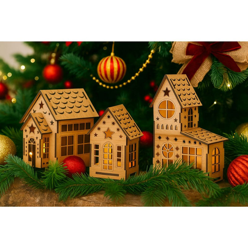 Trio de Casinhas Decorativas em MDF 3mm para Montar – Natal (15 cm)