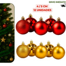 Kit 12 Bolas Natalinas 4cm/5cm Mistas – Fosca, Metálica e Glitter (Vermelho e Dourado)